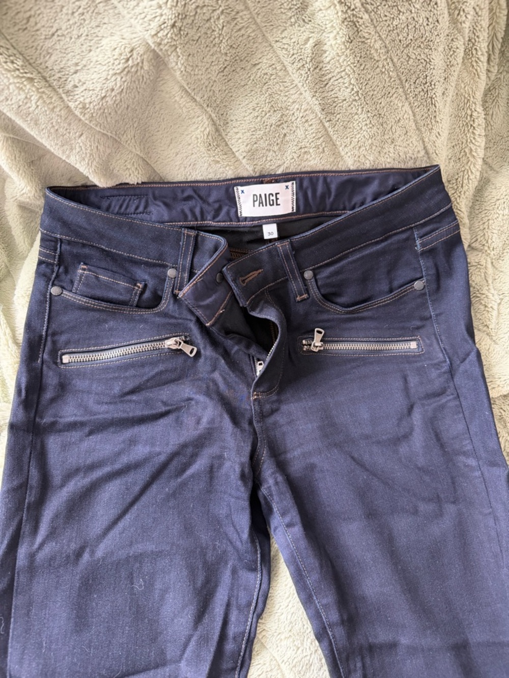 PAIGE Navy Zip-Front Skinny Jeans
